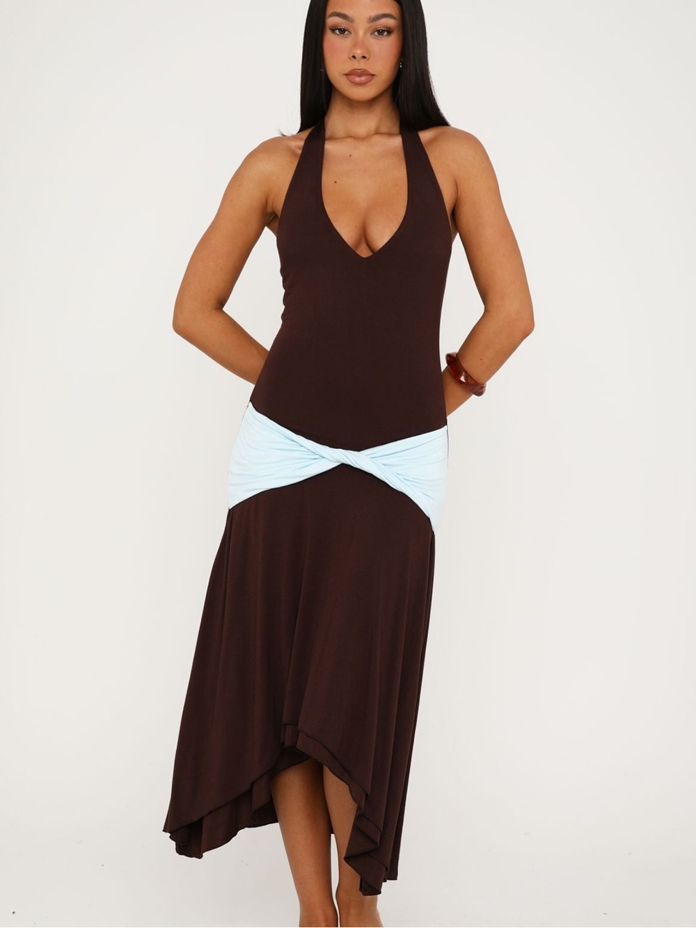 White Fox Midi Dress Chocolate/Baby Blue - Size Small NWOT